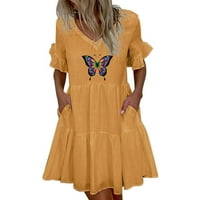 Ženska mini haljina od pamuka i lana s volanima na rukavima i izrezom u obliku slova u i printom leptira, široke
