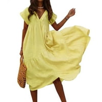 Čišćenje ljetne haljine za žene maxi a-line modni kratki rukav modni v-izrez solidna haljina žuta m