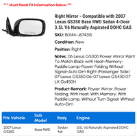 Desno ogledalo - kompatibilno s GS bazom RWD limuzina 4 -vrata 3,5 L V prirodno aspirirani DOHC plin