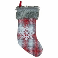 Faa crvena i bijela Karirana Božićna čarapa od krzna od pahuljica
