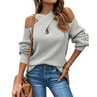 Ženski džemper s prekriženim ramenima casual pleteni pulover s napuhanim rukavima gornji dio
