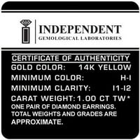 1. Carat T.W. Okrugli dijamant 14KT žuto zlato naušnice s kašama, IGL certificirane, dolazi u kutiji