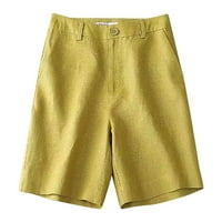 Elastične prozračne široke pamučne i lanene hlače srednje duljine Ženske kratke hlače s džepom u žutoj boji;