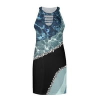 Ženska ležerna kratka haljina s okruglim vratom s printom, široka suknja za plažu, Ženska haljina u tamnoplavoj