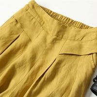 Ženske hlače ležerne s džepovima Žene Culottes pamučna posteljina široka noga Palazzo hlača Elastični struk Capri
