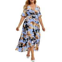 Ženska plus size casual boho tiskana cvjetna nepravilna haljina s kratkim rukavima plava 3xl