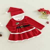 Božićna haljina za djevojčice za djevojčice ležerna haljina s dugim rukavima s remenom + šešir Djeda Mraza