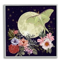 Stupell Industries Umirujući noćni moljac leteći mjesec cvijeće Grafička umjetnost siva uokvirena umjetnička print