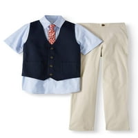 Wonder Nation Dressy prsluk s plavom košuljom s kratkim rukavima, mršave kravate, mini pique prsluk i hlače za