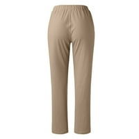 Ženske jednobojne lanene hlače, Ležerne široke hlače s elastičnim strukom, široke hlače s džepom, modne ženske