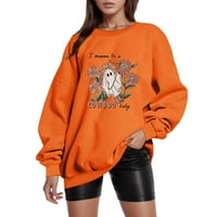 Žene Hallowmas Grafički vrhovi casual labave pulover za print ženske dukserice dugih rukava bez kapuljača, naranča,