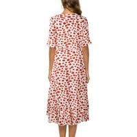 Ljetna šifonska haljina za žene s izrezom u obliku slova U i kratkim rukavima, Midi haljina s cvjetnim printom,