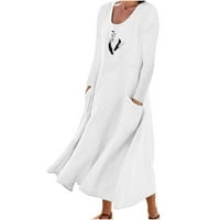Zunfeo haljine za žene - Crewneck Novi dolazak labavi fit Comfort Pamun Linen s džepovima A -Line haljina haljina